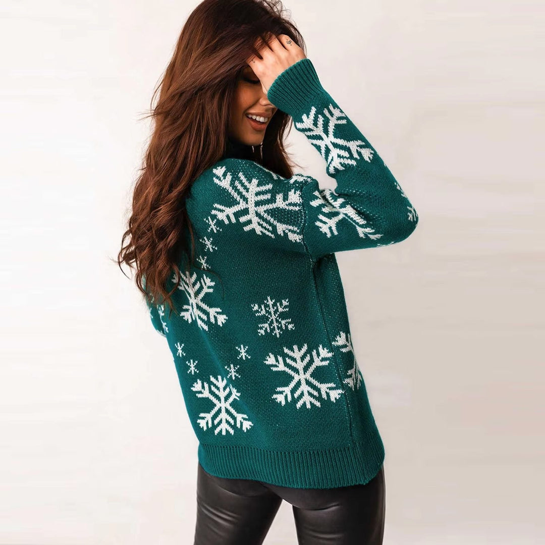 Snowflake Knit Sweater with Crew Neck for Women