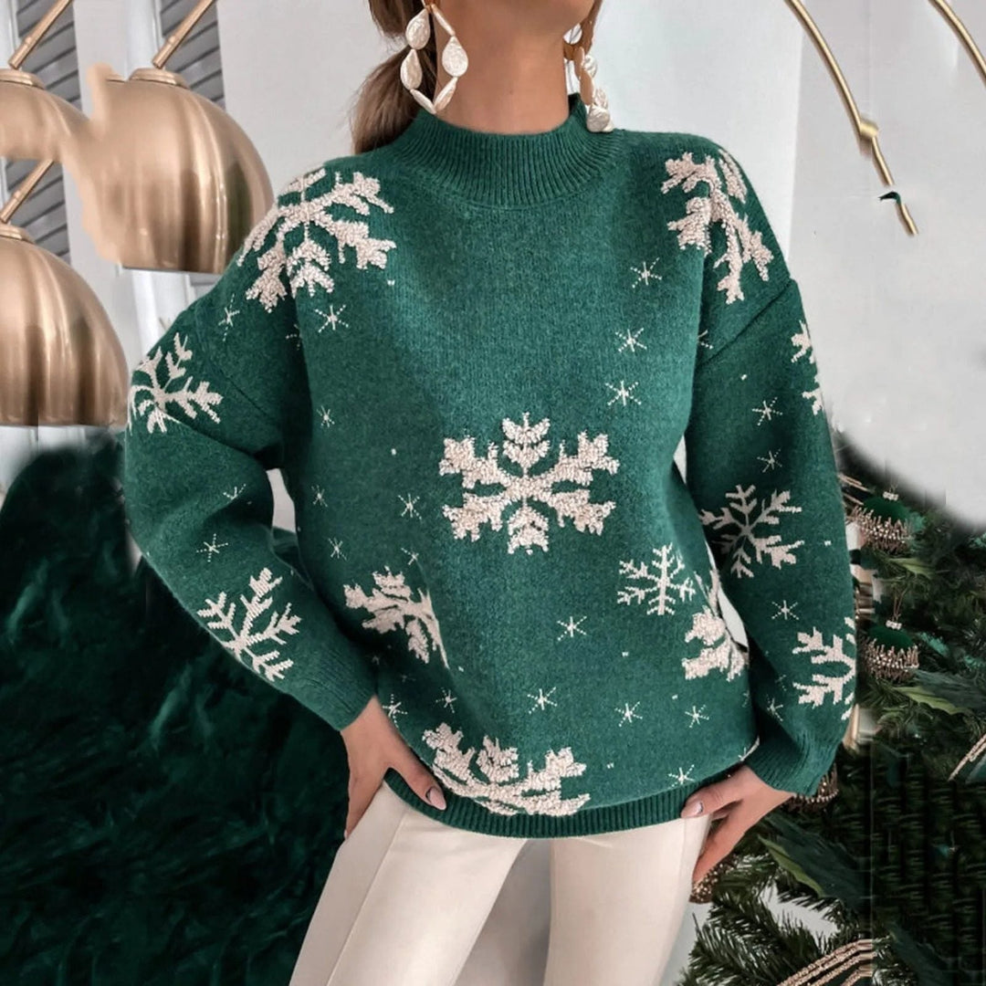 Snowflake Knit Sweater with Crew Neck for Women