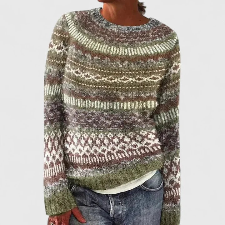 Fair Isle Pattern Knit Crew Neck Sweater