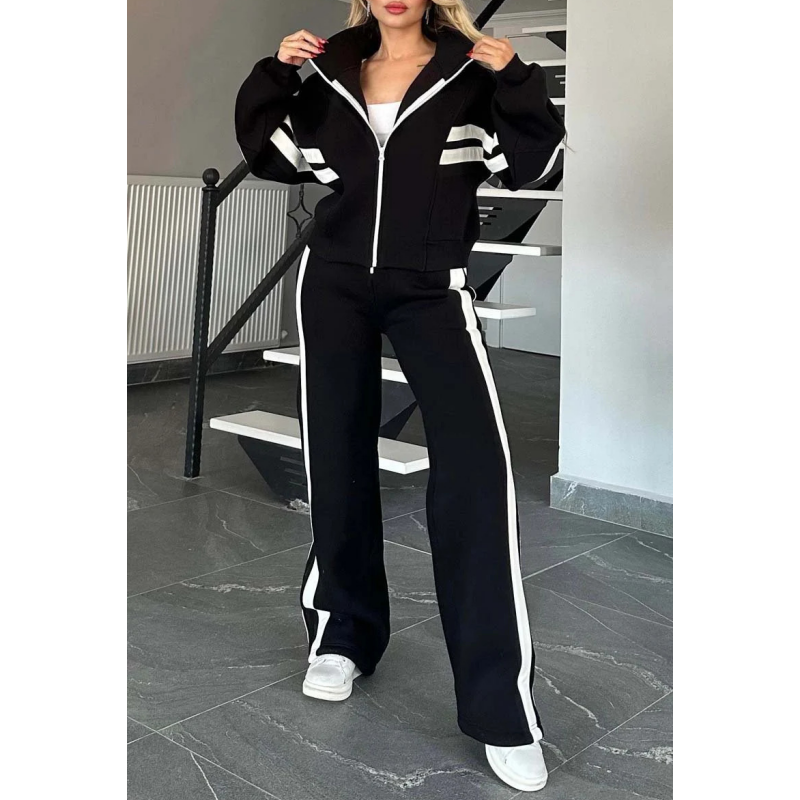 Women's leisure set with zip-up jacket and wide-leg pants with contrast stripes