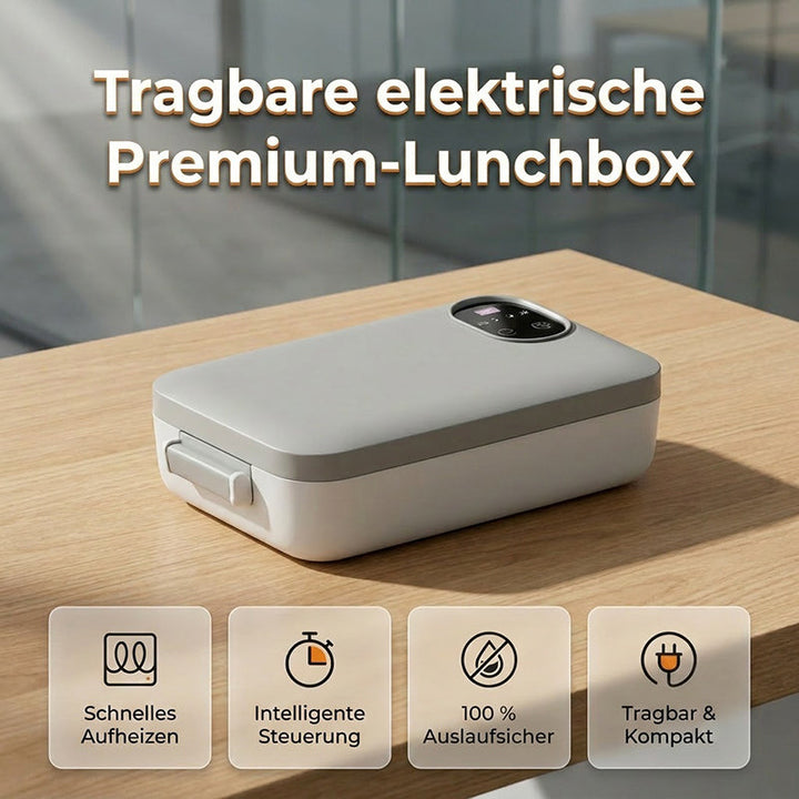 Cordless, self-heating electric lunch box with stainless steel insert.