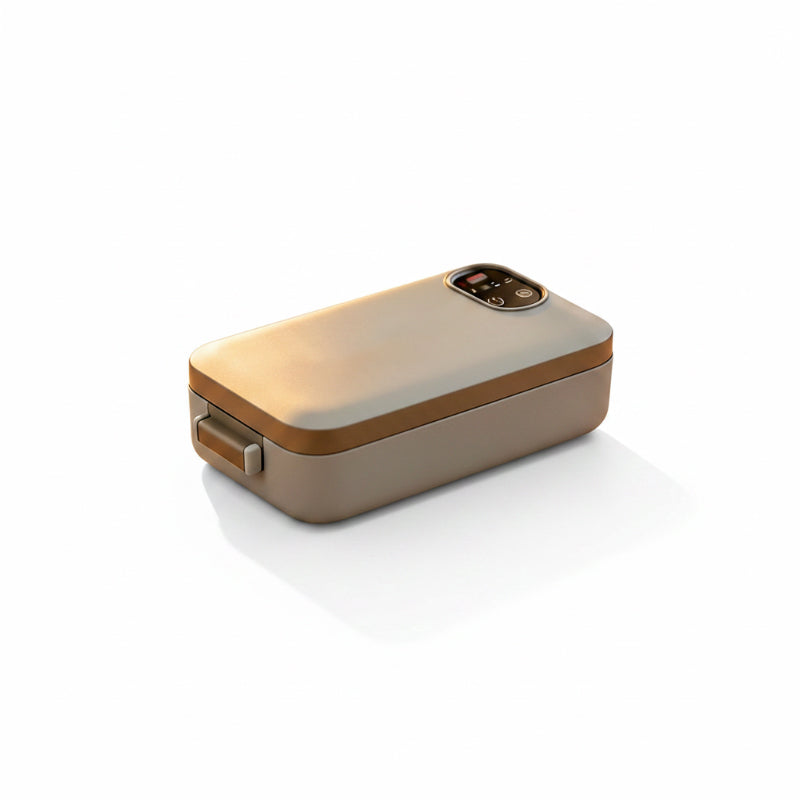Cordless, self-heating electric lunch box with stainless steel insert.