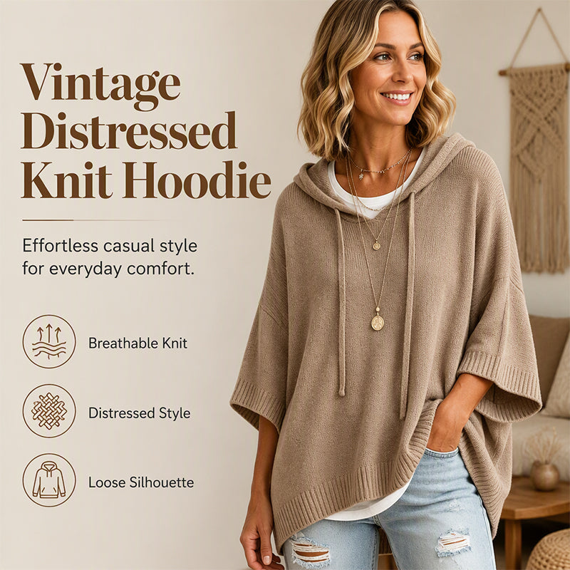 Women's Hooded Drawstring Knit Sweater – Vintage Distressed Oversized Sweater
