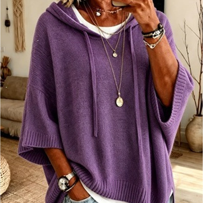Women's Hooded Drawstring Knit Sweater – Vintage Distressed Oversized Sweater