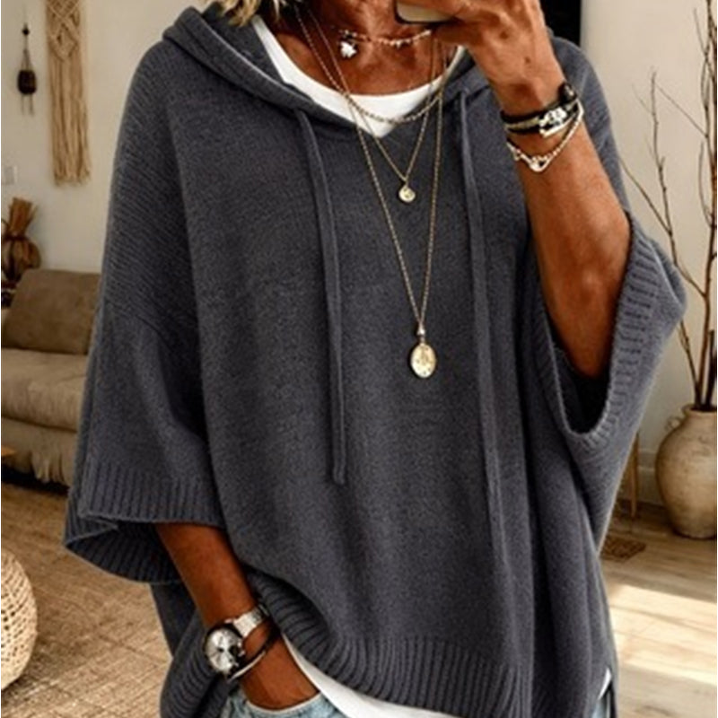 Women's Hooded Drawstring Knit Sweater – Vintage Distressed Oversized Sweater