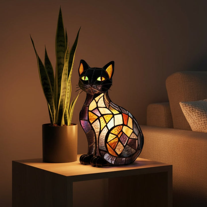 Stained Glass Cat Table Lamp and Night Light with Mosaic Design and Glowing Eyes