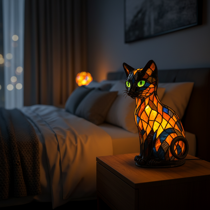 Stained Glass Cat Table Lamp and Night Light with Mosaic Design and Glowing Eyes