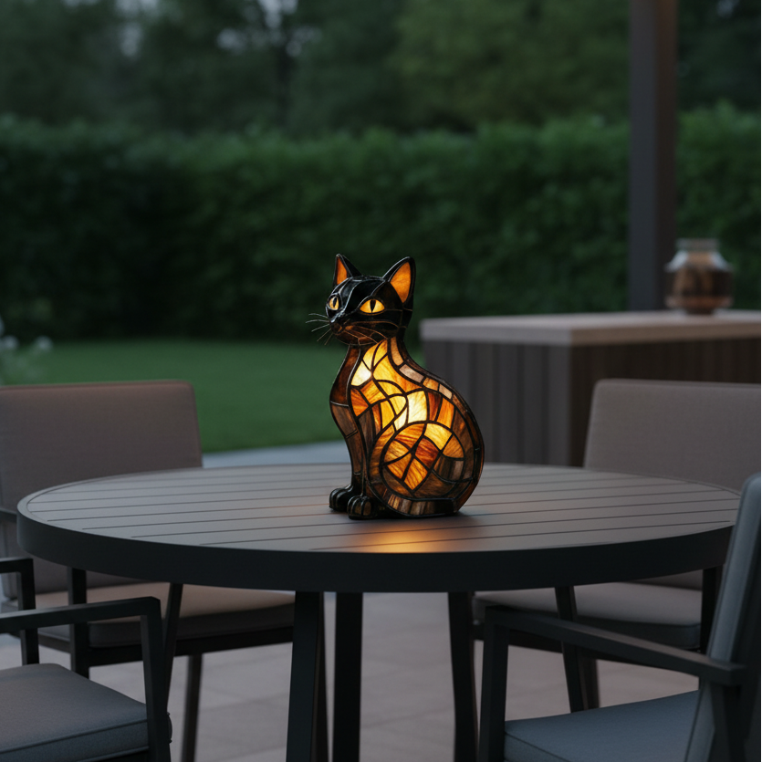 Stained Glass Cat Table Lamp and Night Light with Mosaic Design and Glowing Eyes