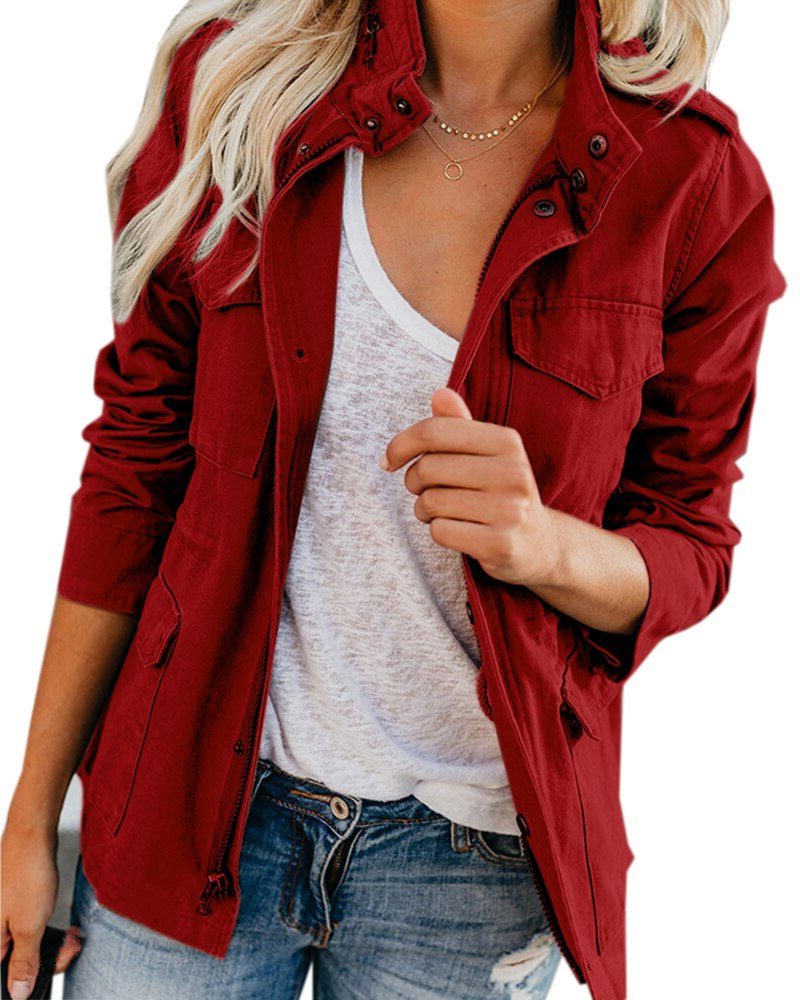 Stand Collar Utility Jacket with Pockets for Women