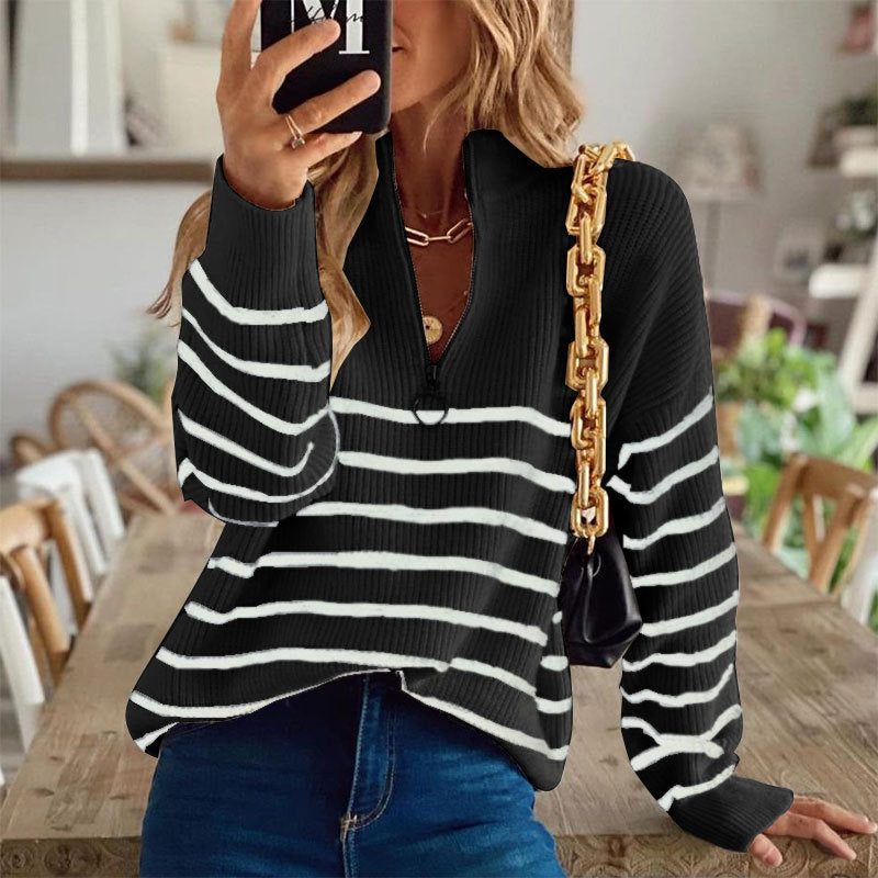 Striped Ribbed Half-Zip Sweater for Women