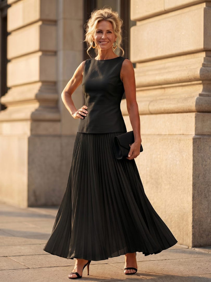 Pleated Midi Skirt Set with Structured Bodice for Women