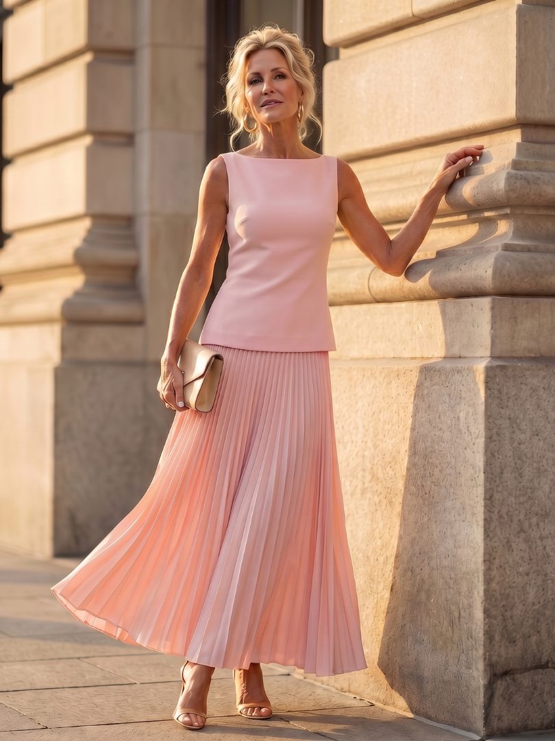 Pleated Midi Skirt Set with Structured Bodice for Women