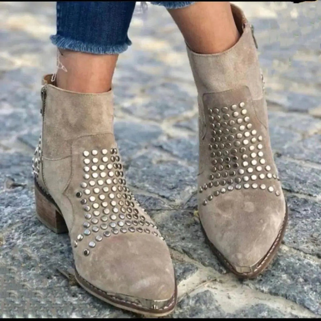 Suede Block Heel Ankle Boots with Studs for Women