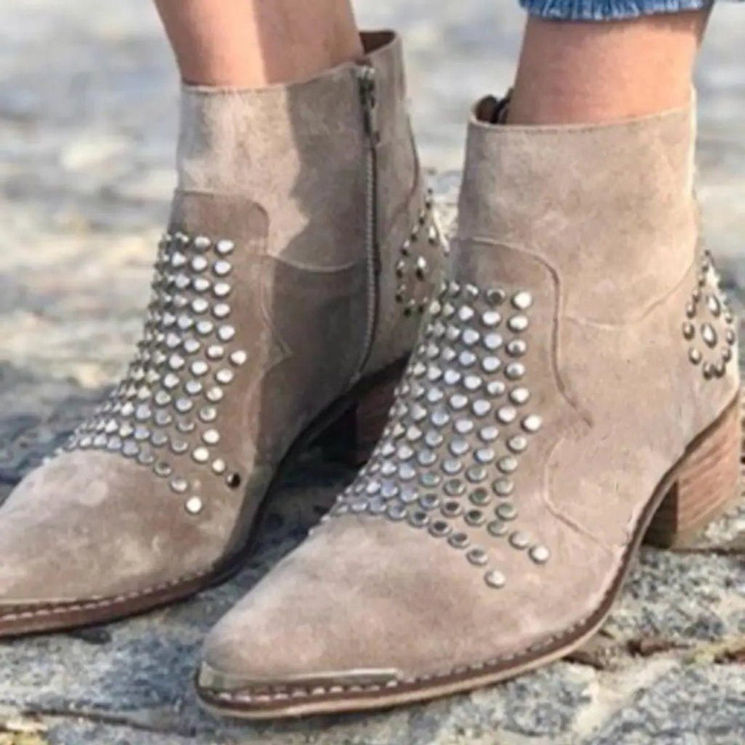 Suede Block Heel Ankle Boots with Studs for Women