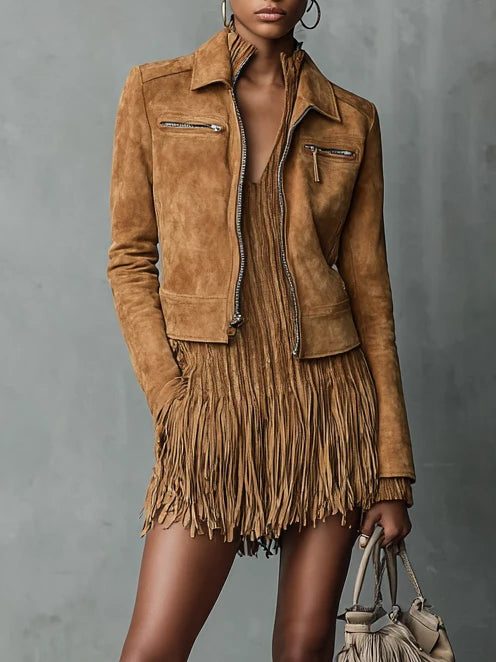 Suede Cropped Jacket with Lapel Collar and Long Sleeves for Women