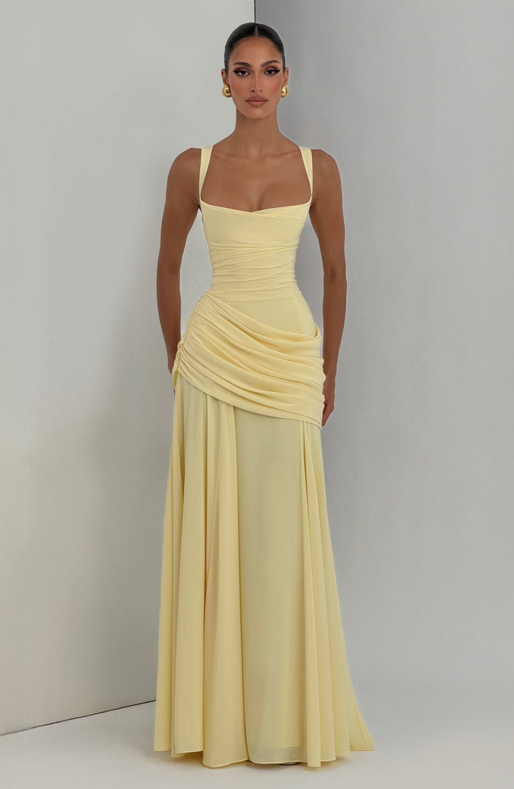 Destiny Chiffon Maxi Dress with Waterfall Neckline and Lace-Up Back