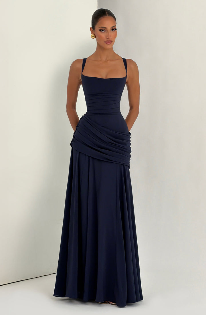 Flowing Chiffon Maxi Dress with Cowl Neck and Lace-Up Back