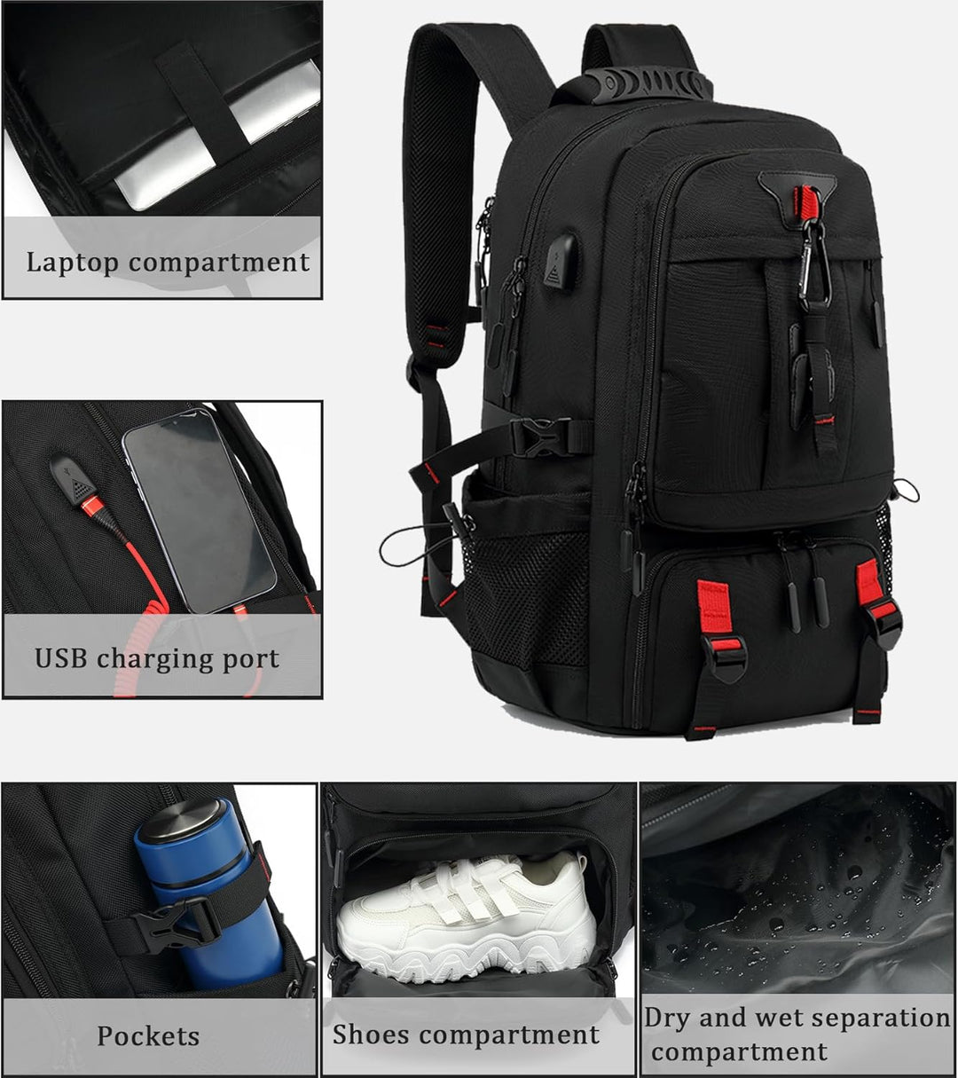 60L Waterproof Travel Laptop Rucksack with USB and Shoe Compartment