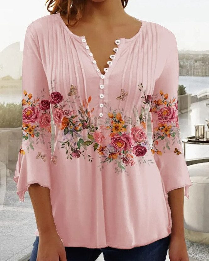 Floral Blouse with Button-Up and Three-Quarter Sleeves for Women
