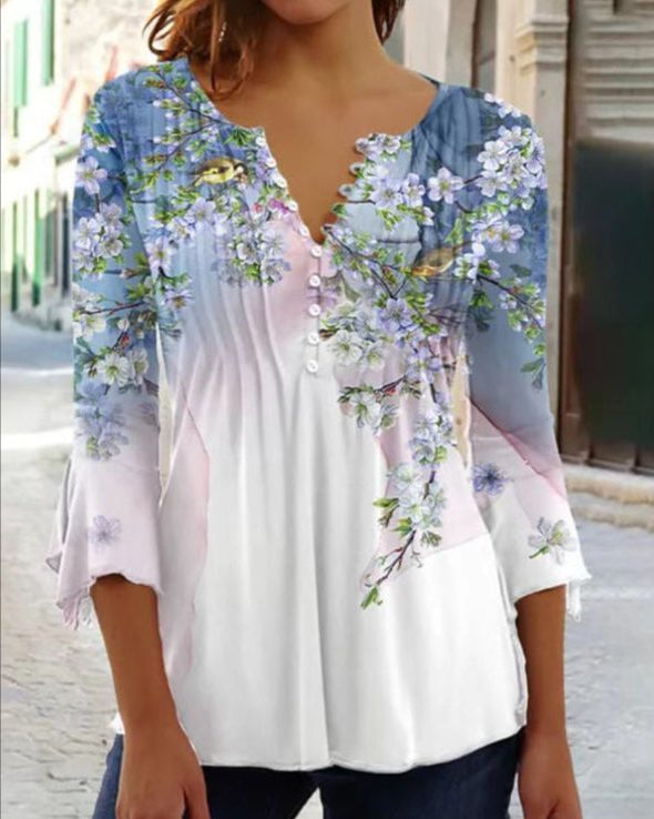 Floral Blouse with Button-Up and Three-Quarter Sleeves for Women