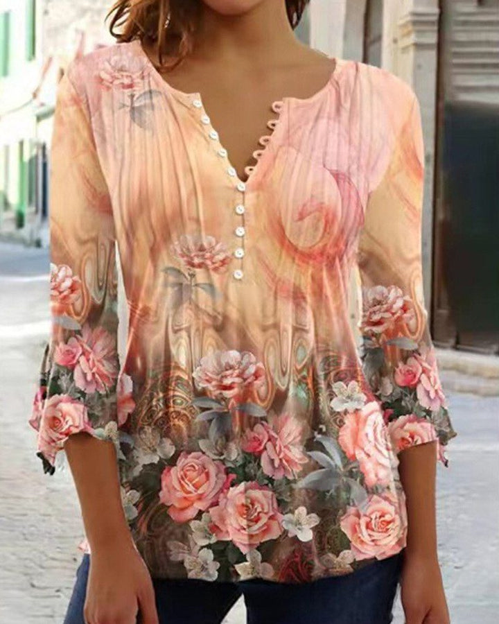 Floral Blouse with Button-Up and Three-Quarter Sleeves for Women