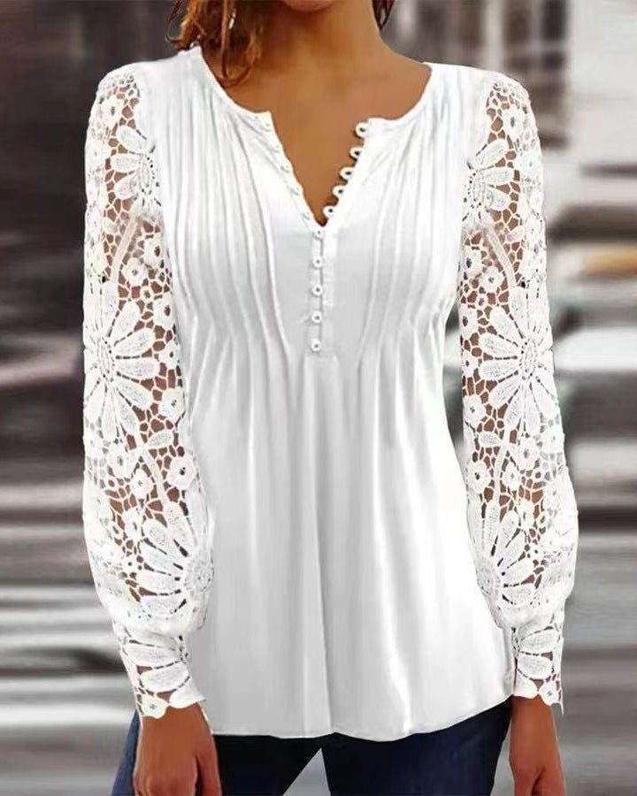 Floral Blouse with Button-Up and Three-Quarter Sleeves for Women