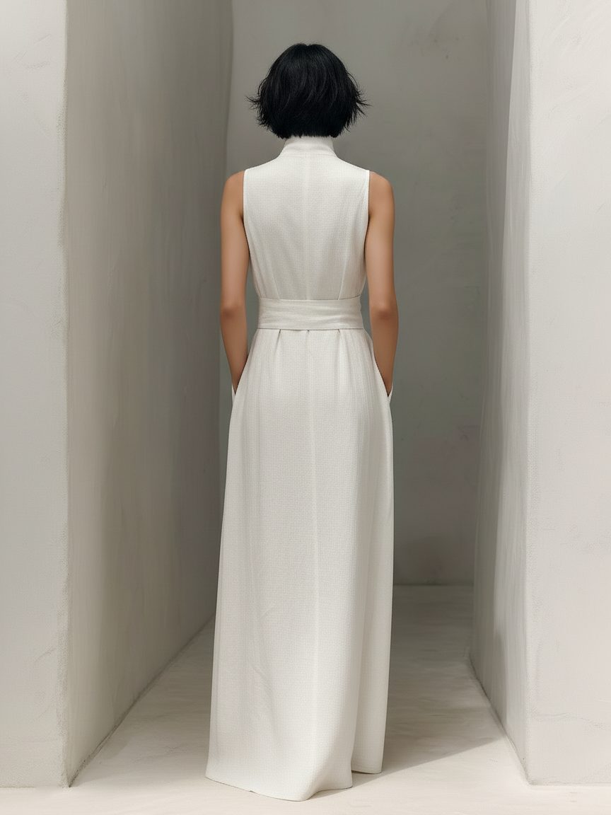 Sleeveless Linen Maxi Dress with V-Neck and Belt for Women