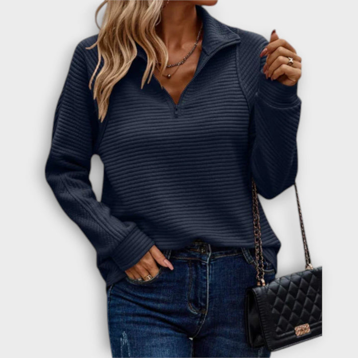 Ribbed Knit Half-Zip Sweater with V-Neck for Women