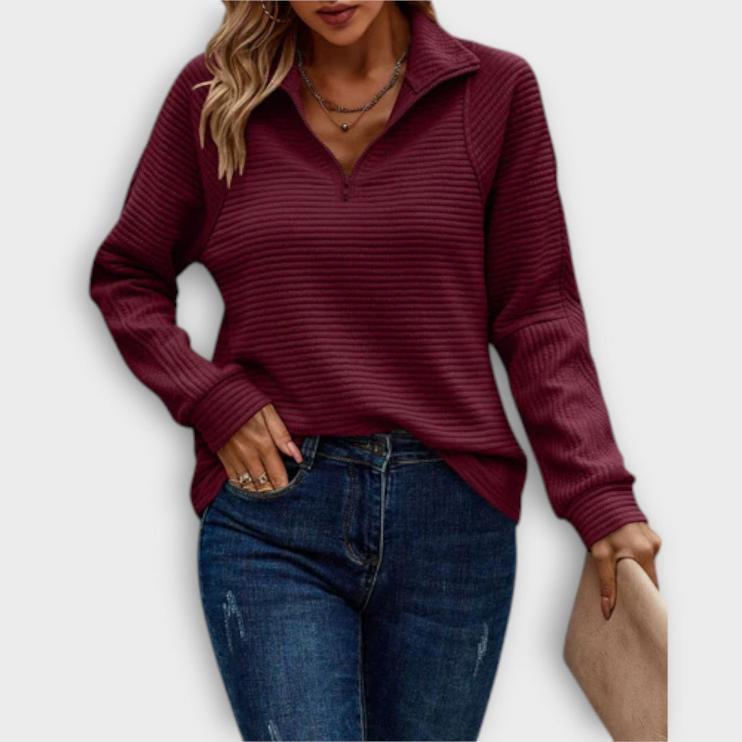 Ribbed Knit Half-Zip Sweater with V-Neck for Women