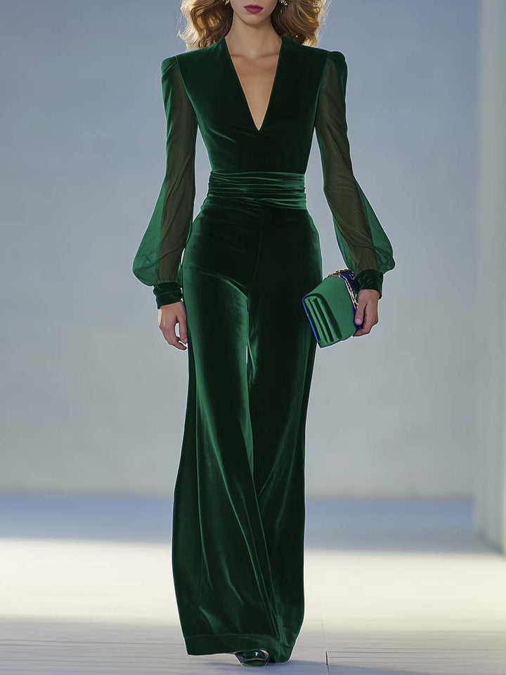 Velvet Maxi Jumpsuit with V-Neck and Long Sleeves for Women