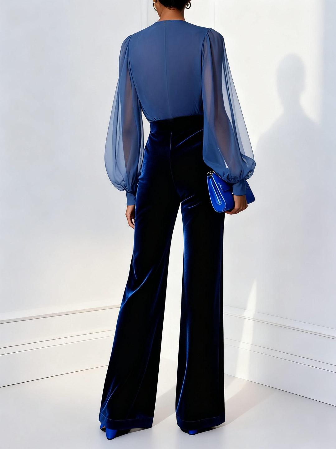 Velvet Wide Leg Jumpsuit with Sheer Wrap Top for Women