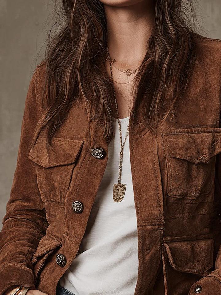 Vintage Suede Utility Jacket with Multi-Pocket Button-Down for Women