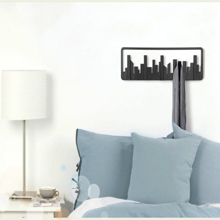 Wall Mounted and Hung Coat Rack with 5 Flip-Down Hooks Decorative Cityscape Design Wooden