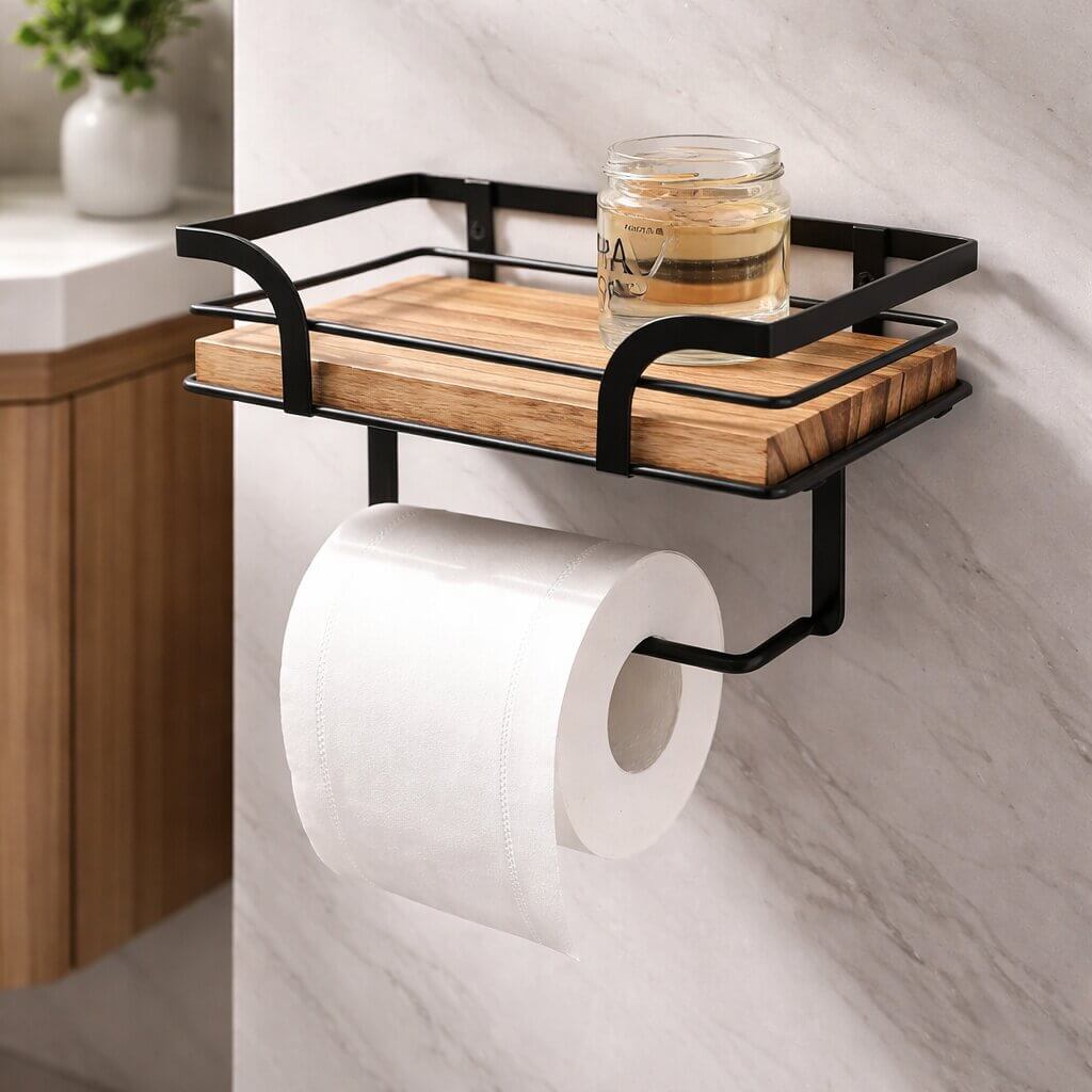 Wall-Mounted Toilet Paper Holder with Shelf for Phone and Wipes