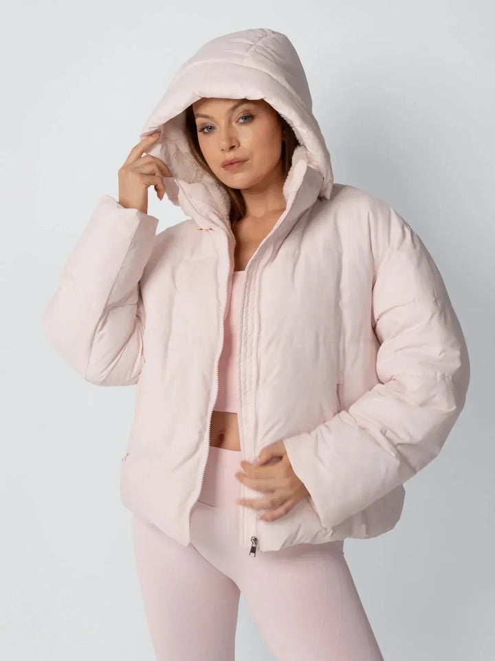 Women's Cropped Quilted Jacket with Removable Hood and Fleece Lining