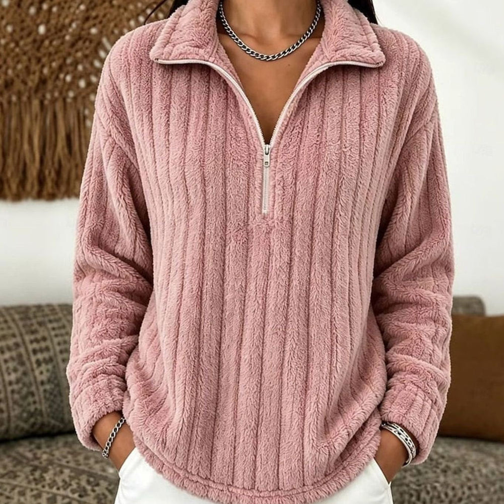 Women's Fleece Sweater with Half Zip – Rib-Knit Pullover