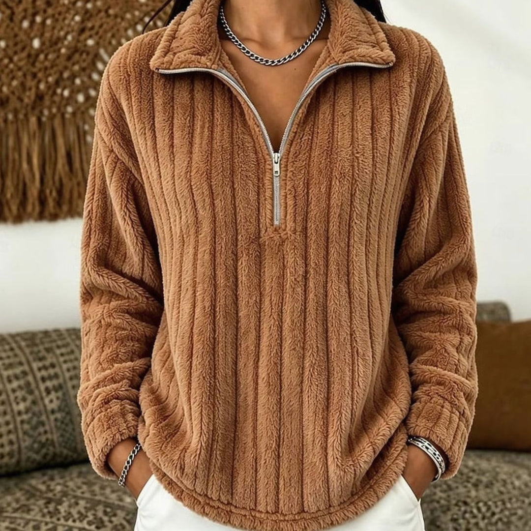 Women's Fleece Sweater with Half Zip – Rib-Knit Pullover