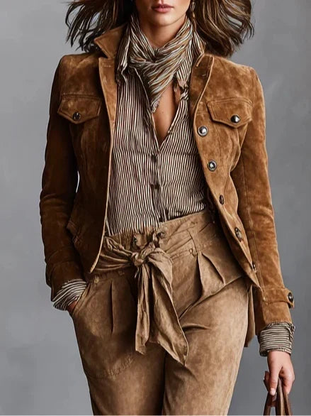 Women's Suede Jacket Short Style with Lapel Collar