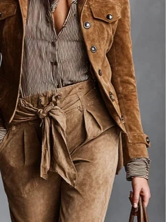 Women's Suede Jacket Short Style with Lapel Collar