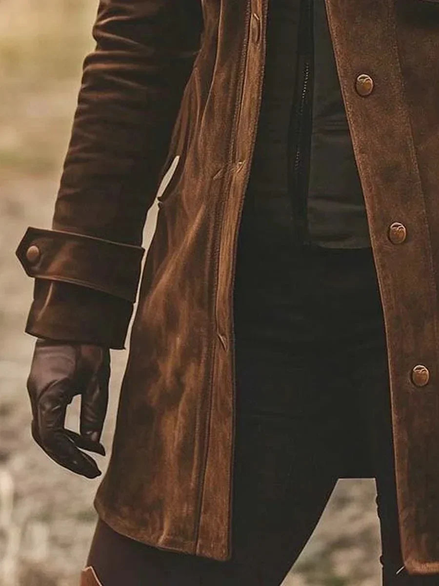 Women's Suede Jacket Brown with Lapel Collar and Button Fastening