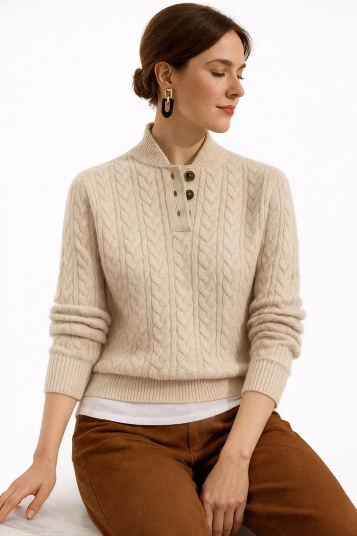 Women's Cable Knit Sweater with Polo Neck and Buttons – Knitted Pullover