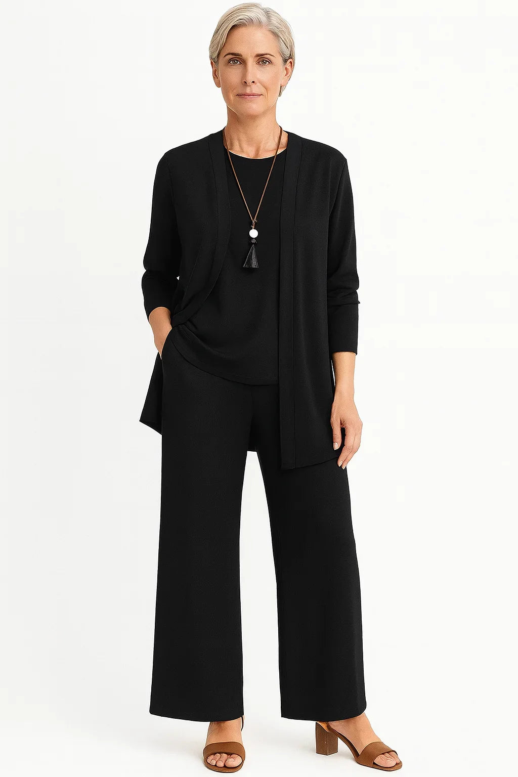 Women's 3-Piece Knit Cardigan, Tank and Wide-Leg Pant Set