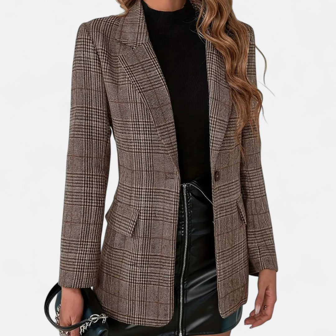 Women's Checked Blazer with Stitched Collar and Flap Pockets