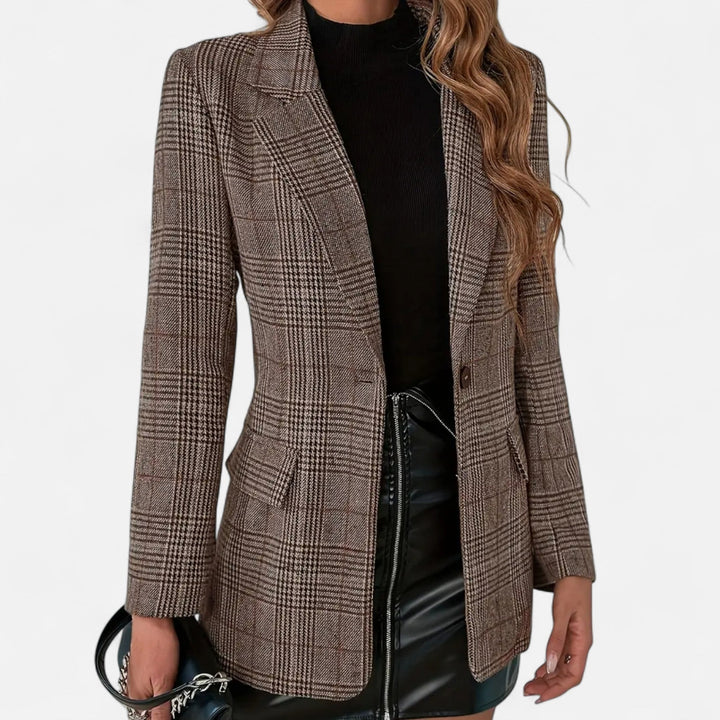 Women's Checked Blazer with Stitched Collar and Flap Pockets