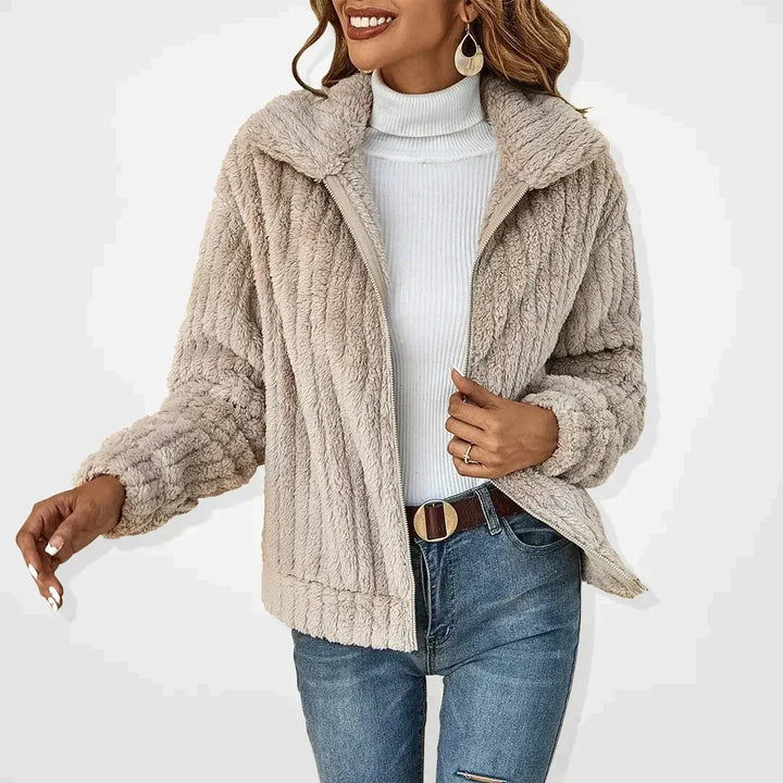 Cozy Fuzzy Fleece Zip-Up Jacket with Wide Collar
