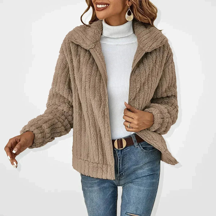 Cozy Fuzzy Fleece Zip-Up Jacket with Wide Collar