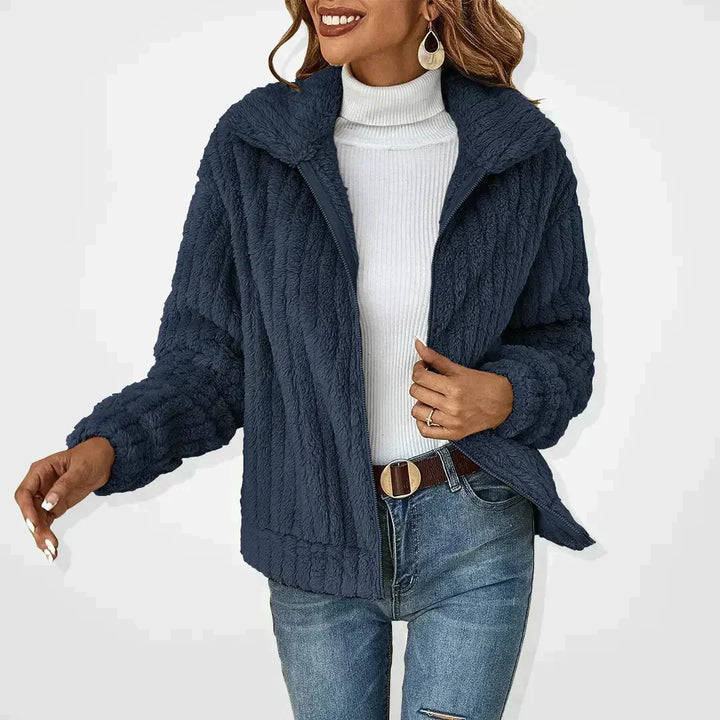 Cozy Fuzzy Fleece Zip-Up Jacket with Wide Collar