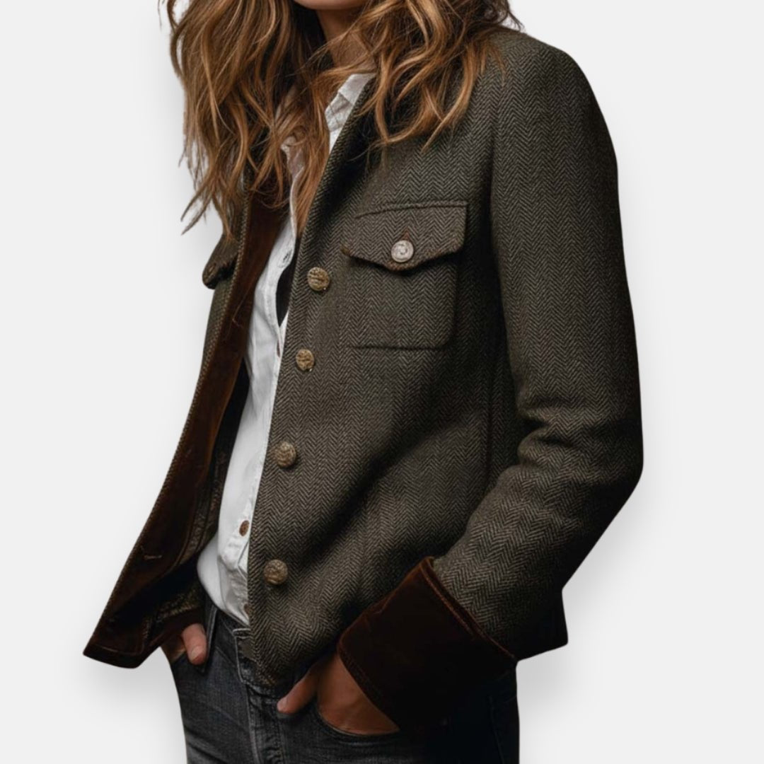 Women's Herringbone Blazer with Button Fastening - Tailored Style