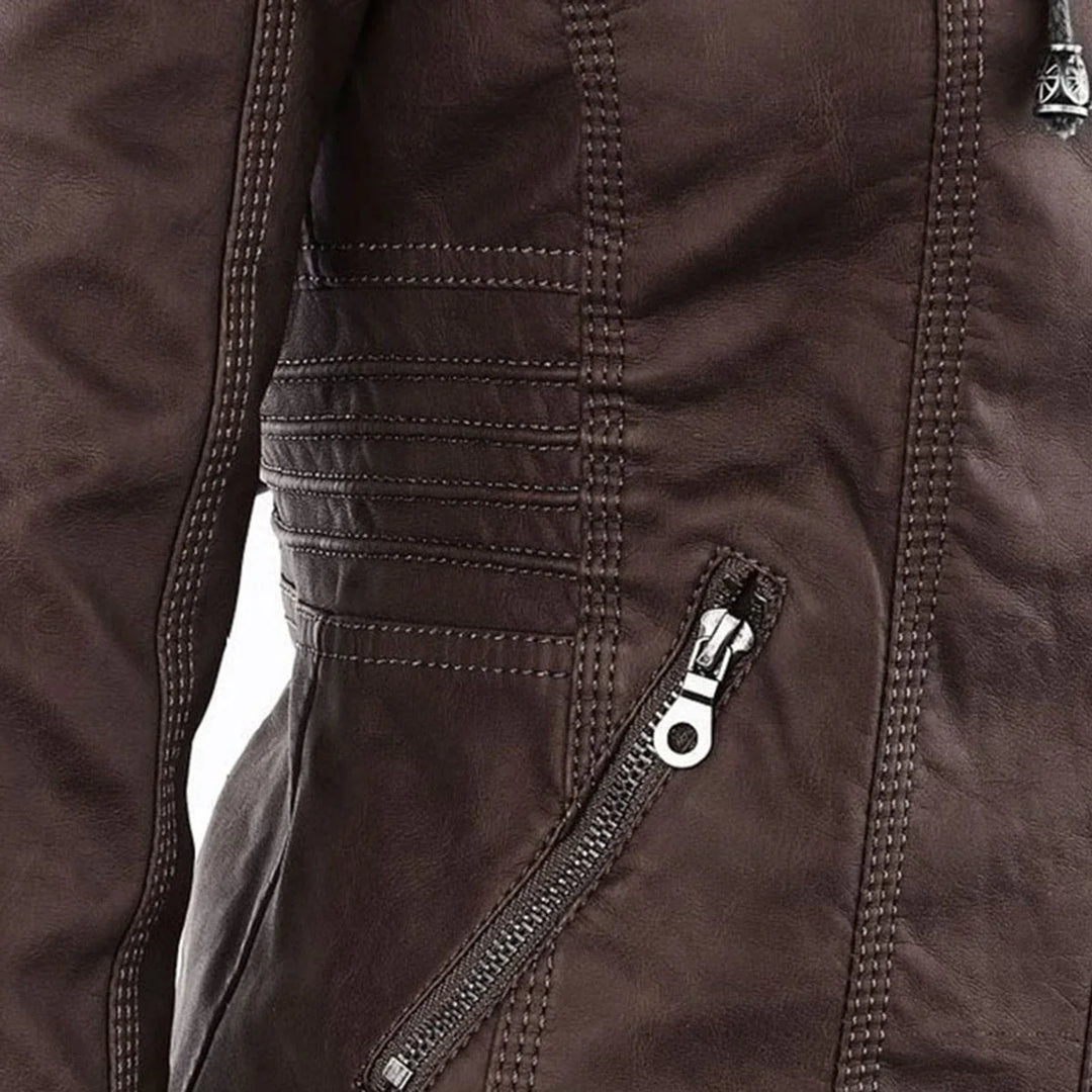 Faux Leather Moto Coat with Removable Hood
