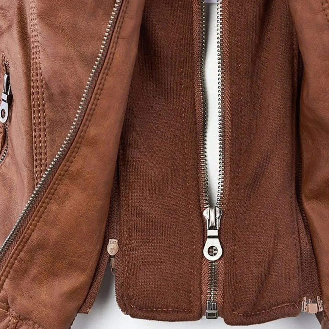 Faux Leather Moto Coat with Removable Hood